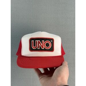 Vintage UNO Card Game Hat Snap Back Mens Red White Mesh Logo Trucker 80s